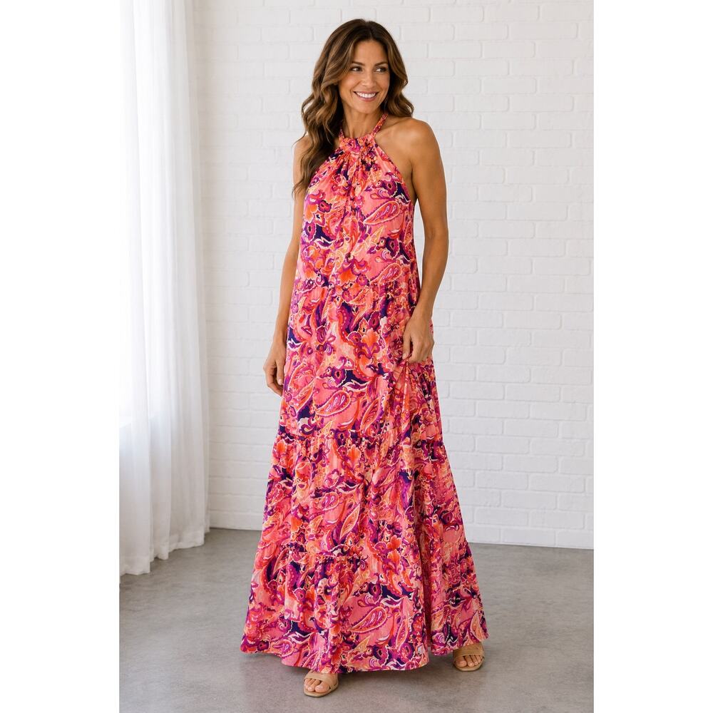 Soft Surroundings XL Paisley Halter Maxi Dress Pink Orange Boho Sleeveless Lined